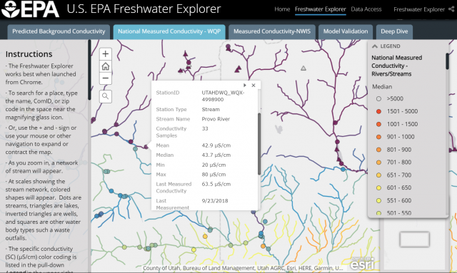 Screenshot of the Freshwater Explorer National Measured Conductivity