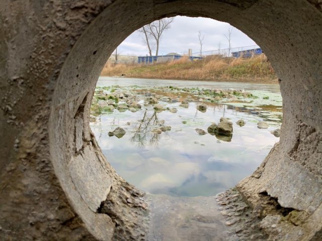 Looking through a concrete stormwater tunnel, surface water lies beyond the exit of the tunnel.