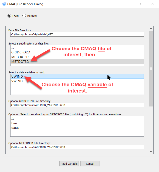 RSIG3D dialog box to select CMAQ file and variable of interest