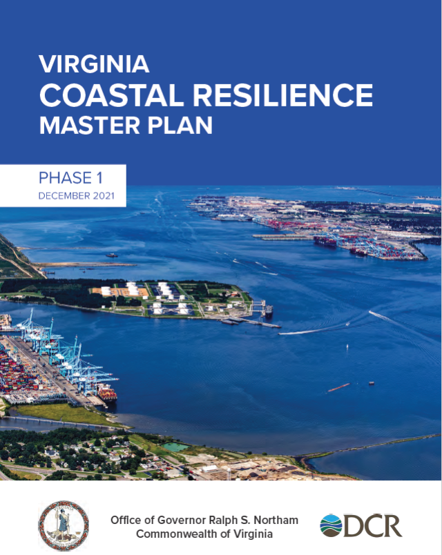 Virginia Coastal Resilience Master Plan Report cover. The background is an aerial view of a waterway with two ports in view. The water is very blue. The report cover has text denoting Phase 1, December 2021. At the bottom is the seal of Commonwealth of Virginia on the left, with a logo for DCR on the right. 