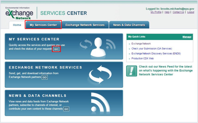 Screenshot of ENSC service center page highlighting how to access my services center