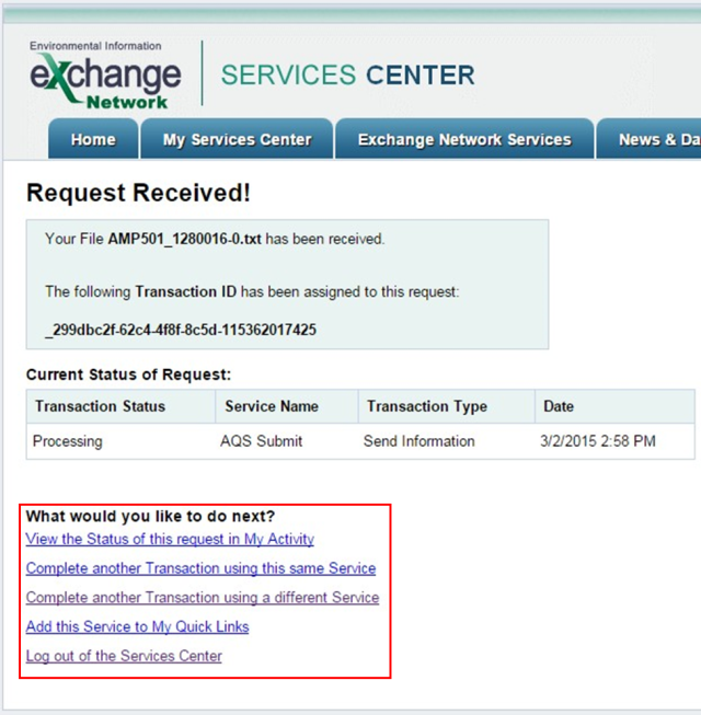 screenshot of the ENSC submission confirmation page