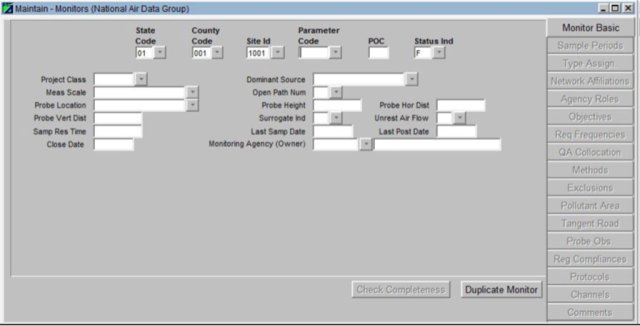 screenshot of the AQS maintain monitor form