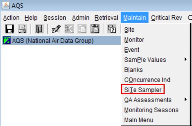 screenshot highlighting the site sampler selection from the maintain menu in AQS