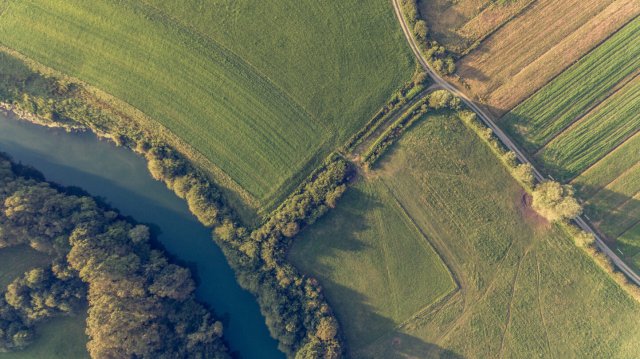 Aerial farmland and river