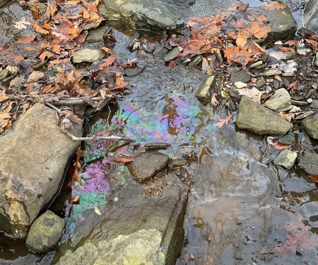 Heavy sheen seen in Leslie Run creek