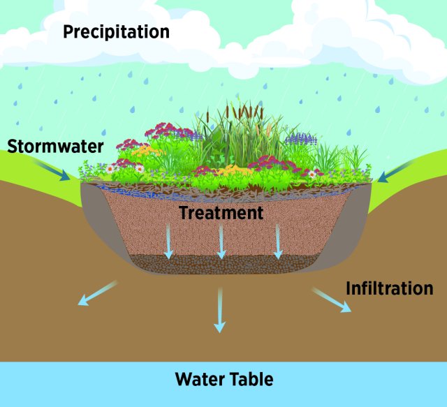 Illustration of water flowing through a garden. Details in caption. 
