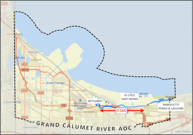  Layout of the Grand Calumet River AOC. The Eastern Five Miles of the river is outlined in red. Project waterways are highlighted in blue.