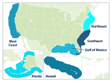 A map of the continental United States, Alaska, and Hawaii showing the location of U.S. coastal regions including the West Coast, Gulf of Mexico, Southeast, Northeast, Alaska, and Hawaii.