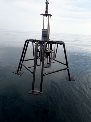 The multicorer as it is deployed in Lake Superior from the work deck of the R/V Lake Guardian.
