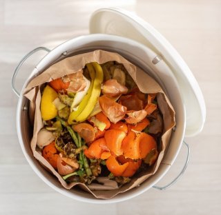 This is a picture of a trash can with vegetable scraps in it.