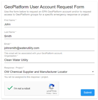 Screenshot of GeoPlatform User Account Request Form