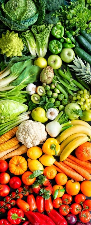 this is a picture of green, yellow, orange and red vegetables and fruits.