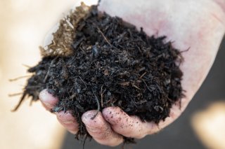 Preparation of soil mixture from fertile compost, humus and vermiculite on  black garbage bag floor in garden. Mixing the soil components for the  preparation of the substrate for transplanting plants. Stock Photo