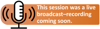Orange shape with text announcing that this session was a live broadcast. The recording is coming soon. The text is next to a drawing of a microphone with sound waves.
