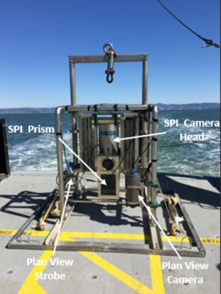 Sediment Profile Image-Plan View (SPI-PV) Camera System on deck of a hip with arrows pointing to SPI Prism, SPI Camera Head, Plan View Strobe and Plan View Camera