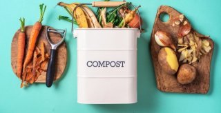 this is a picture of a cutting board with carrots and a peeler on it, a white bin with the word compost on it with food scraps in it and a cutting board with an onion and potatoes on it