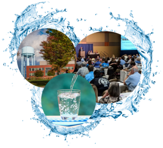 Splash of water with three images in splash circles. Left is a water tower, right is the 2022 workshop attendees, bottom is of a glass being filled with water.