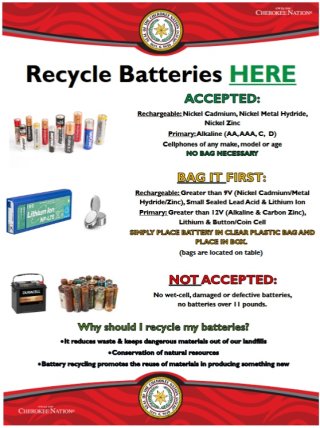 This is an example of a flyer shared by Cherokee Nation to inform people about how to recycling batteries, which batteries are accepted and which ones are not, what to do with them, and why it's important to recycle them.