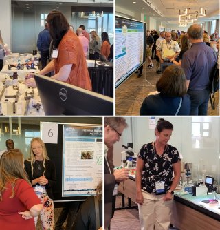 Collage of EPA's 2023 drinking water workshop. Top left: image of a workshop attendee at the corrosion training table with other attendees in the background; top right: image of EPA experts and attendees having a conversation in front of a poster; bottom left: Image of two people having a conversation in front of a technical poster with a person in the background; bottom right: image of two people having discussing the microbiology training lab on a table in front of them.