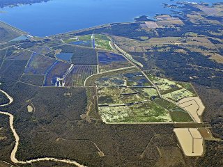 Aerial photo of a series of treatment wetlands built at the George W. Shannon Wetlands Water Reuse Project.