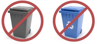 Photos of a trash can and a recycling bin with do not signs over them