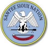 This is a logo with an eagle holding an arrow with the words Santee Sioux Nation above it and a red semi-circle banner below it