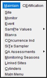screenshot showing the AQS maintain menu options