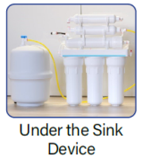 A reverse osmosis system for under the sink installation. Three white columns are on the right side, and a larger white unit is on the left.